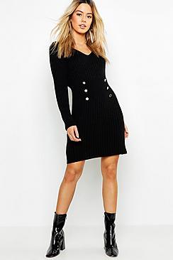 Boohoo Petite Gold Button Knitted Dress