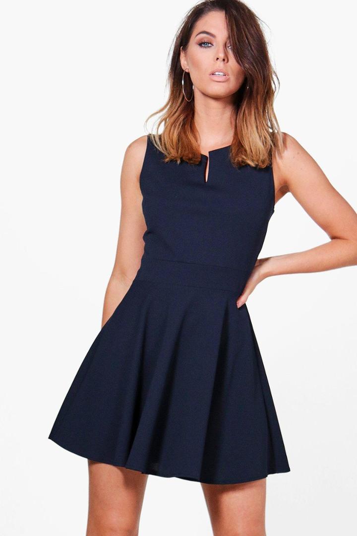 Boohoo Freya Notch Neck Woven Skater Dress Navy