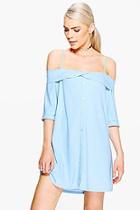 Boohoo Ivy Frill Cold Shoulder Button Down Shift Dress