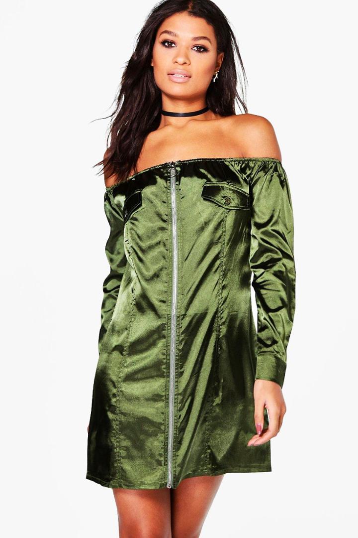 Boohoo Savannah Off Shoulder Satin Shift Dress Green