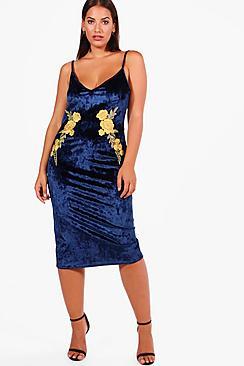 Boohoo Plus Melissa Embroidery Detail Strappy Velvet Dress