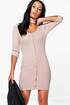 Boohoo Abbey Rib Button Choker Bodycon Dress