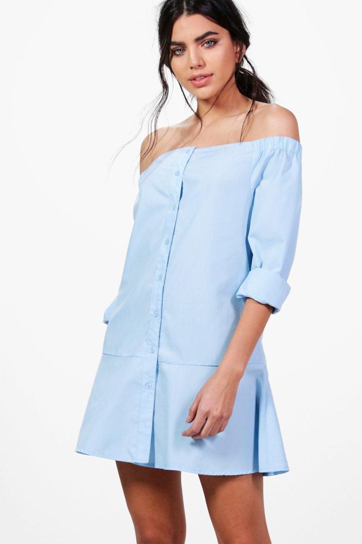 Boohoo Katy Off The Shoulder Peplum Shirt Dress Bluebell