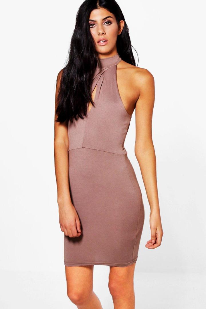 Boohoo Isabel Twist Neck Bodycon Dress Mocha