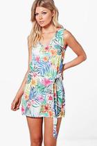 Boohoo Petite Lorna Tropical Sleeveless Woven Tie Dress