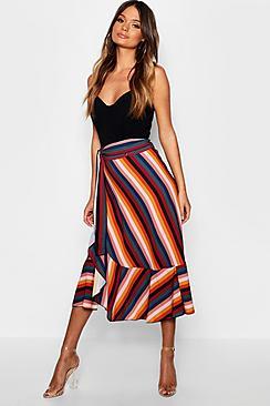 Boohoo Stripe Ruffle Detail Midi Skirt