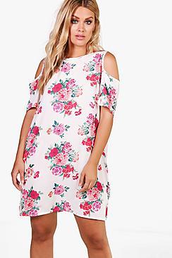 Boohoo Plus Julia Floral Open Shoulder Shift Dress