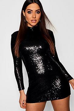 Boohoo Sequin High Neck Long Sleeve Bodycon Dress