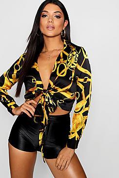 Boohoo Charlotte Satin Chain Print Collar Tie Front