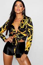 Boohoo Charlotte Satin Chain Print Collar Tie Front