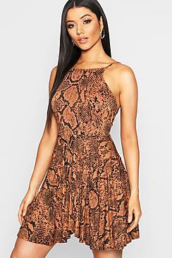 Boohoo Tan Snake Print Square Neck Skater Dress