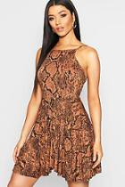 Boohoo Tan Snake Print Square Neck Skater Dress