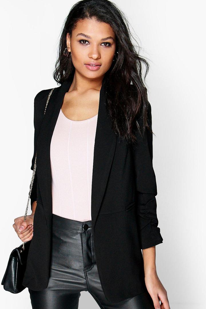Boohoo Blythe Ruched Sleeve Blazer Black
