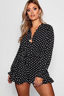 Boohoo Plus Alex Polka Dot Tie Front Playsuit