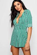 Boohoo Green Striped Drape Front Playsuit