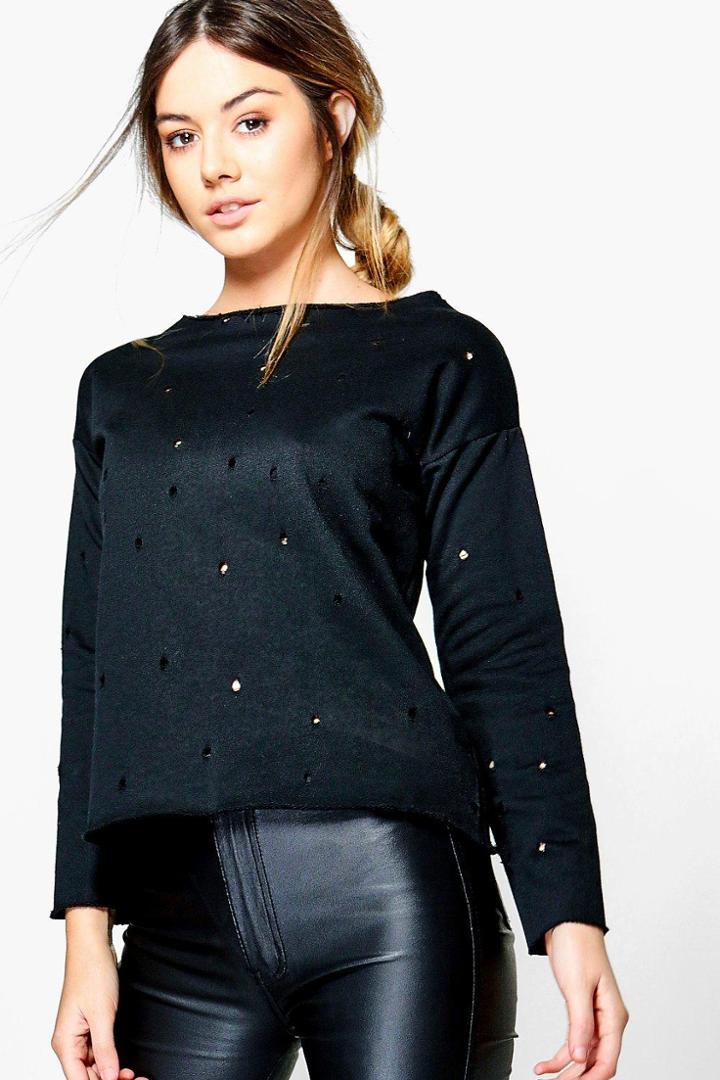Boohoo Petite Emma Distressed Raw Hem Sweat Black
