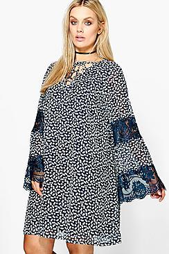 Boohoo Plus Verity Ditsy Floral Print Lace Up Swing Dress
