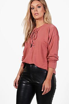 Boohoo Plus Eyelet Tie Sweat Top