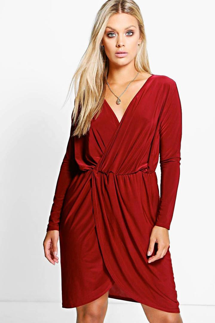 Boohoo Plus Leah Slinky Wrap Front Dress Merlot