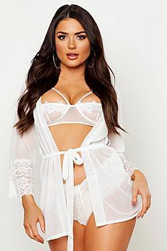 Boohoo Mesh & Lace Robe & French Knicker Set