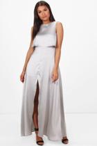Boohoo Boutique Lia Satin Double Layer Maxi Dress Silver