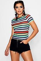 Boohoo Carla Rainbow Stripe Rib Knit T-shirt