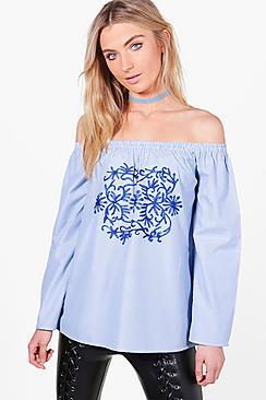 Boohoo Mia Stripe & Embroidered Woven Off The Shoulder Top