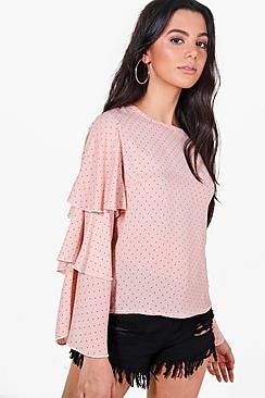Boohoo Esme Spot Ruffle Sleeve Woven Top