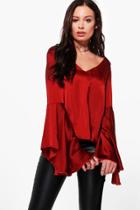 Boohoo Evelyn Plunge Fluted Sleeve Woven Top Rust