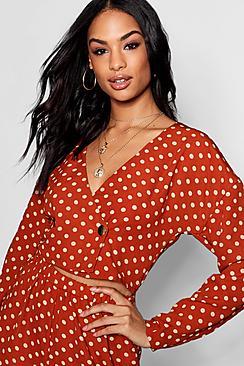 Boohoo Katie Spot Button Wrap Blouse