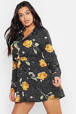Boohoo Plus Floral Print Twist Front Shirt Dress