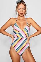 Boohoo Cairo Rainbow Stripe Wrap Over Swimsuit