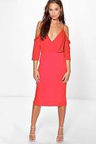 Boohoo Emma Satin Frill Open Shoulder Midi Dress