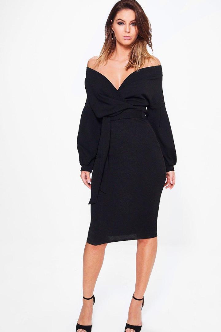 Boohoo Nina Off The Shoulder Wrap Midi Bodycon Dress Black