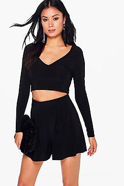 Boohoo Sophie Slinky Plunge Crop Shorts Co-ord
