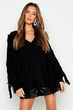 Boohoo Oversized Fringe Cable Knit Boyfriend Jumper