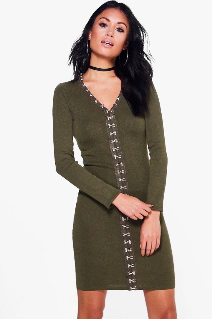 Boohoo Abigail Eyelet Detail Knitted Dress Khaki