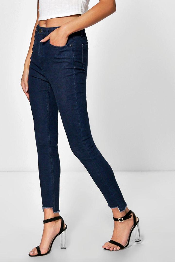 Boohoo Jayne Step Hem High Waisted Slim Leg Jeans Indigo
