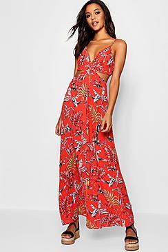 Boohoo Knot Palm Print Maxi Dress