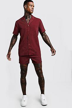 Boohoo Pinstripe Revere Shirt & Short Set