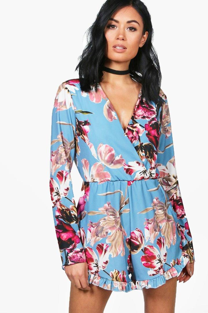 Boohoo Fiona Blue Floral Print Wrap Playsuit Blue