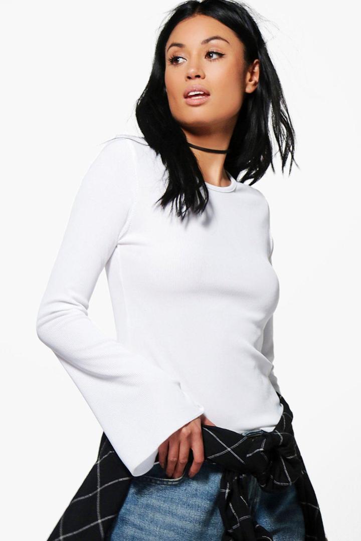 Boohoo Ria Ribbed Flare Sleeve Top White