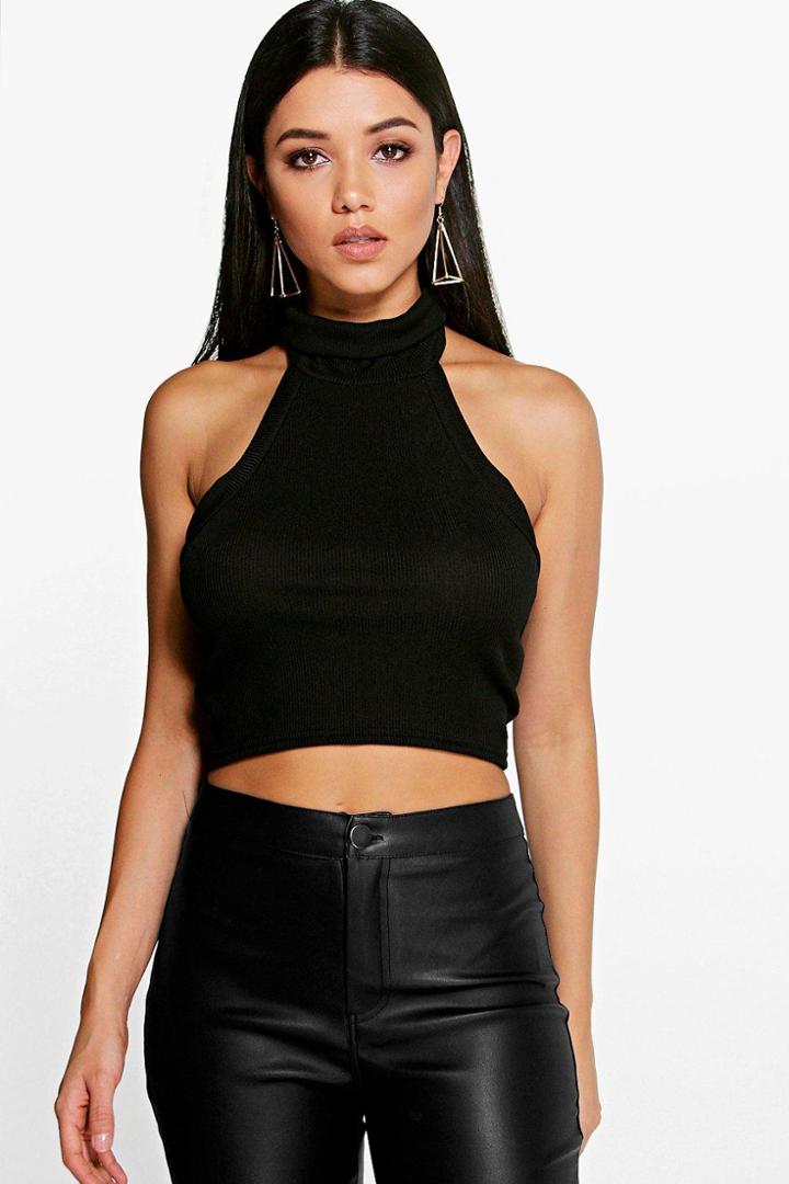 Boohoo Lily Roll Neck Ribbed Crop Top Black