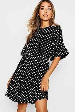 Boohoo Polka Dot Ruffle Sleeve Smock Dress