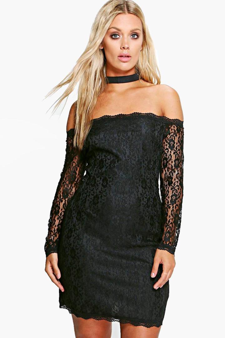 Boohoo Plus Anna Bardot Lace Choker Bodycon Dress Black