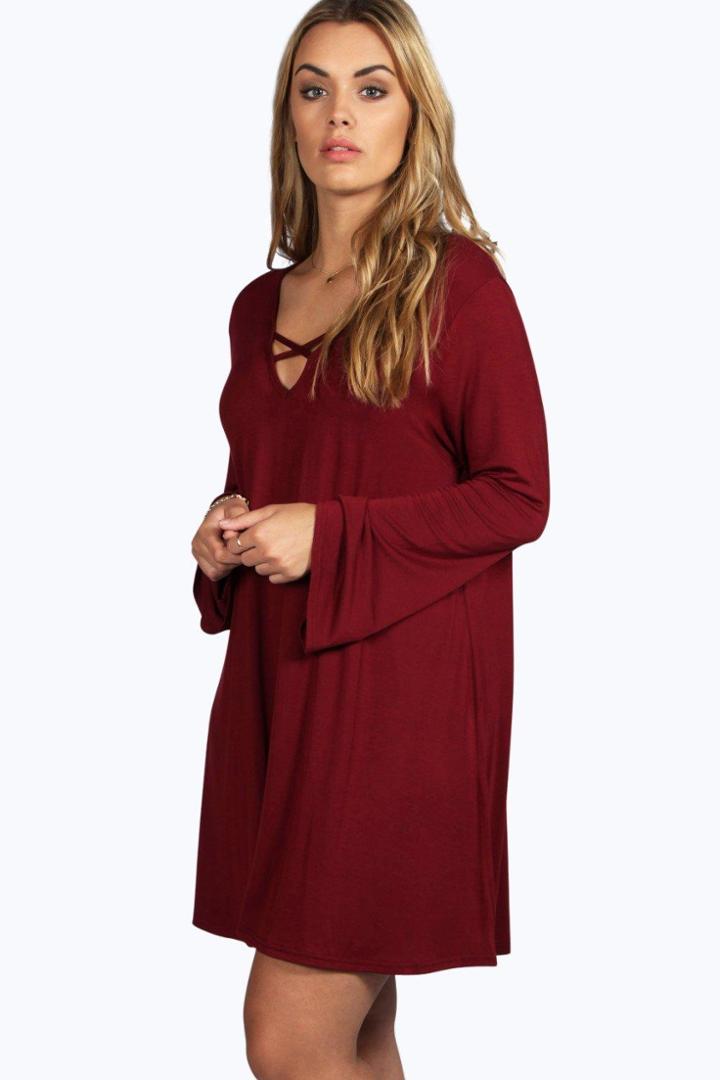Boohoo Plus Alex Cross Front Shift Dress Wine