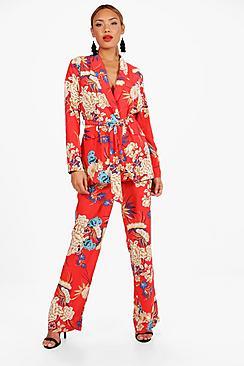 Boohoo Elsa Premium Floral Print Wide Leg Trouser