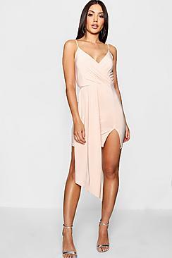 Boohoo Strappy Drape Front Wrap Bodycon Dress