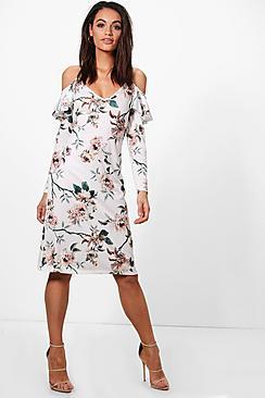 Boohoo Raquel Floral Cold Shoulder Midi Dress
