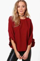 Boohoo Bella Frill Sleeve Hen T-shirt Wine